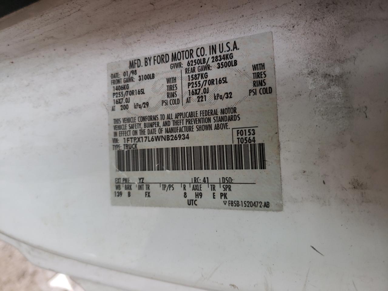 Photo 10 from auction – 1998 FORD F150 with VIN 1FTRX17L6WNB26934
