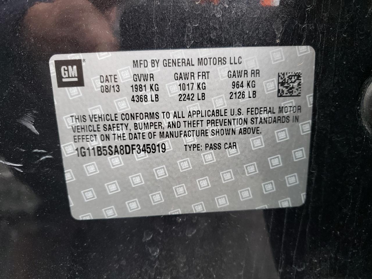 Photo 10 from auction – 2013 CHEVROLET MALIBU LS with VIN 1G11B5SA8DF345919