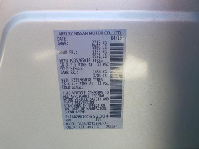 Photo 10 from auction – 2016 NISSAN PATHFINDER with VIN 5N1AR2MN1GC652304