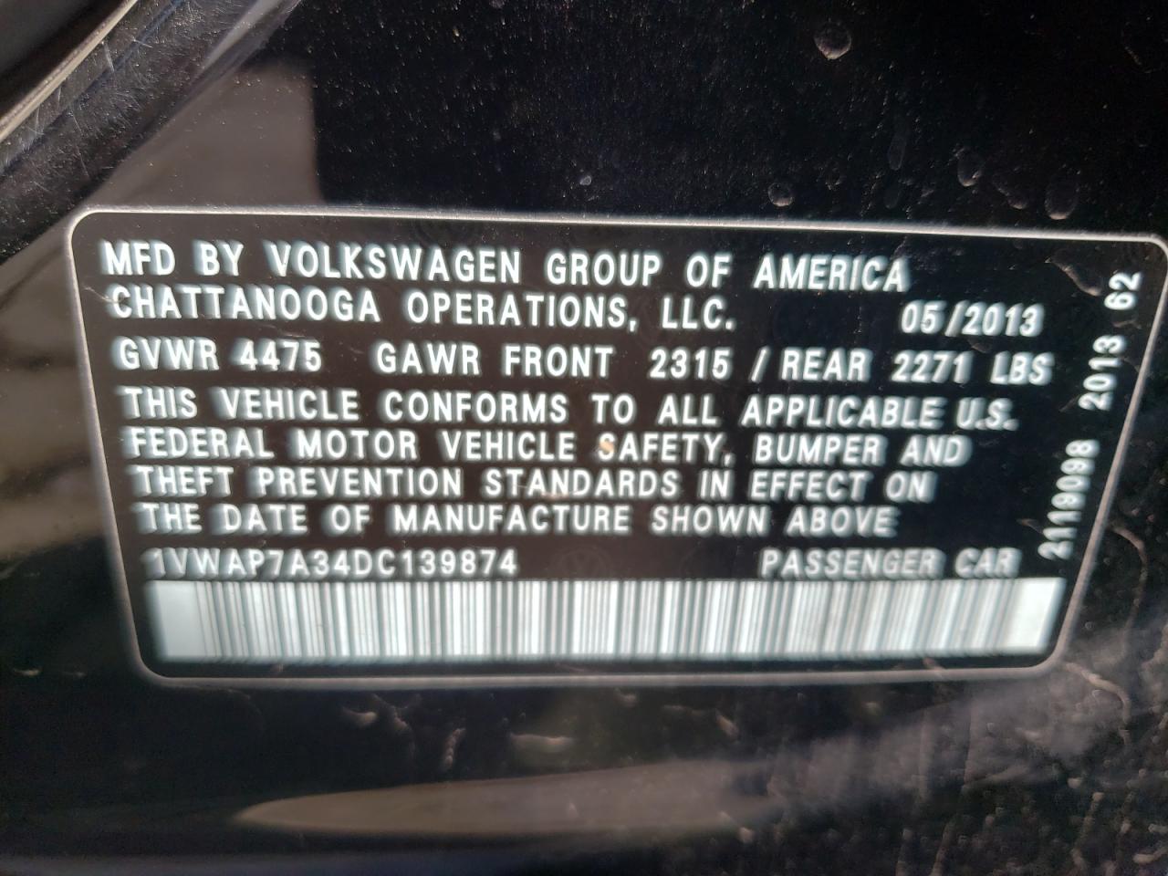 Photo 10 from auction – 2013 VOLKSWAGEN PASSAT S with VIN 1VWAP7A34DC139874