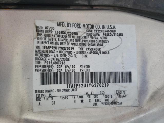 Photo 10 from auction – 2000 FORD TAURUS LX with VIN 1FAFP52U1YG270219