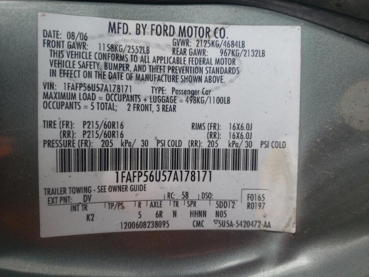 Photo 10 from auction – 2007 FORD TAURUS SEL with VIN 1FAFP56U57A178171