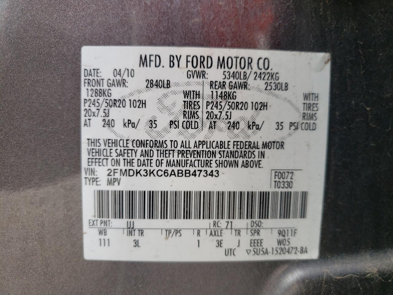 Photo 10 from auction – 2010 FORD EDGE LIMIT with VIN 2FMDK3KC6ABB47343