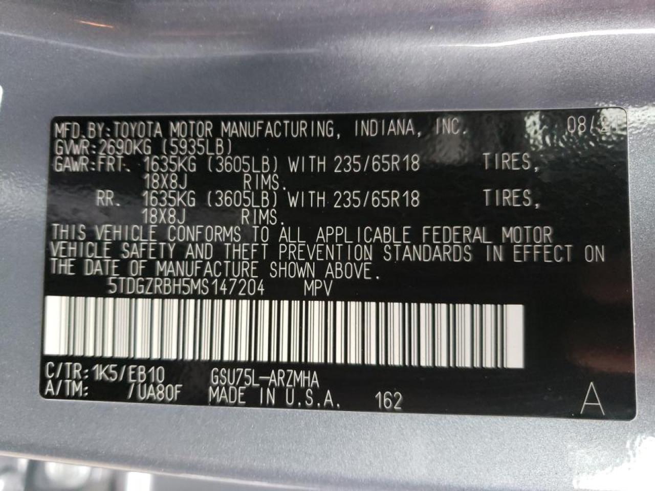 Photo 10 from auction – 2021 TOYOTA HIGHLANDER with VIN 5TDGZRBH5MS147204