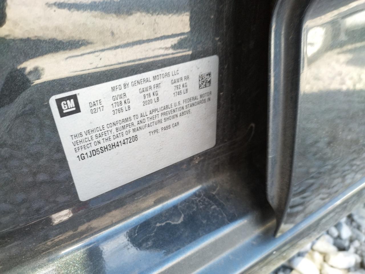 Photo 10 from auction – 2017 CHEVROLET SONIC LT with VIN 1G1JD5SH3H4147208