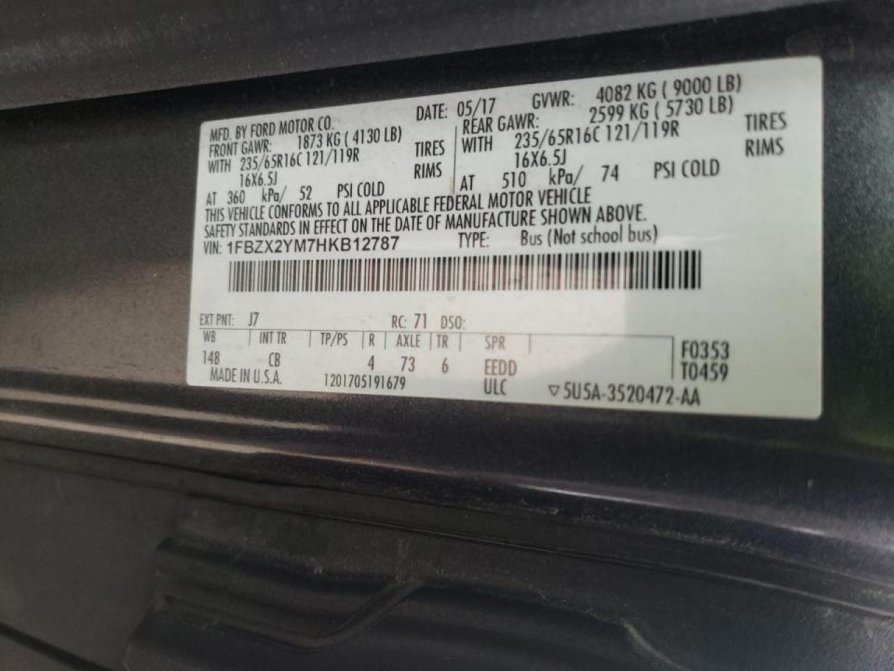 Photo 10 from auction – 2017 FORD TRANSIT T- with VIN 1FBZX2YM7HKB12787