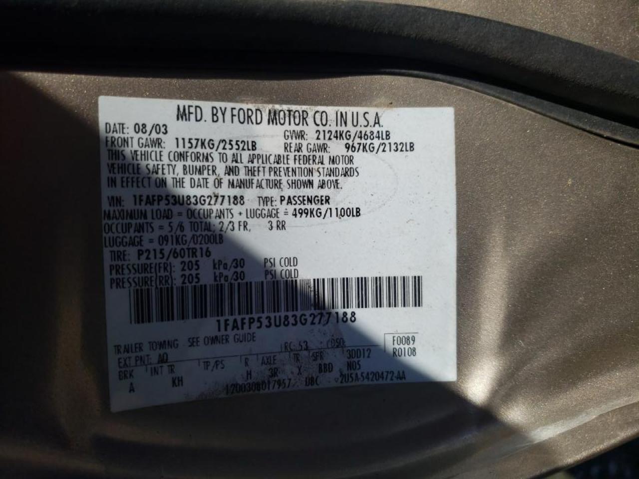 Photo 10 from auction – 2003 FORD TAURUS SE with VIN 1FAFP53U83G277188