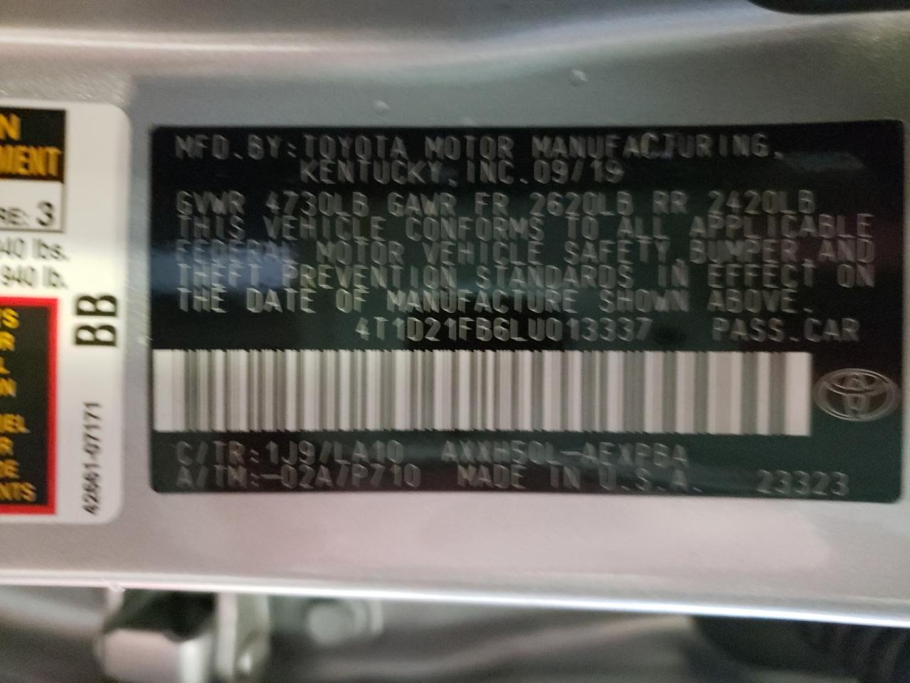 Photo 10 from auction – 2020 TOYOTA AVALON LIM with VIN 4T1D21FB6LU013337
