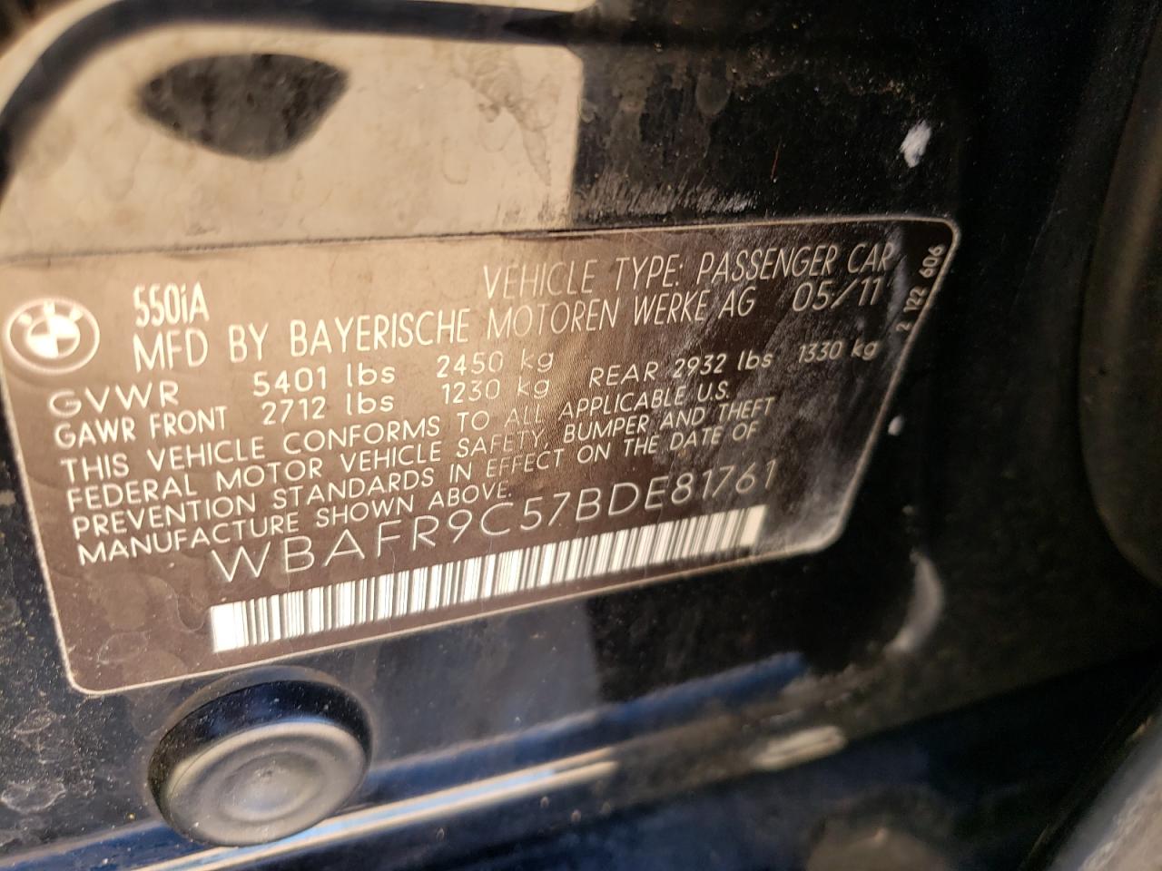 Photo 10 from auction – 2011 BMW 550 I with VIN WBAFR9C57BDE81761