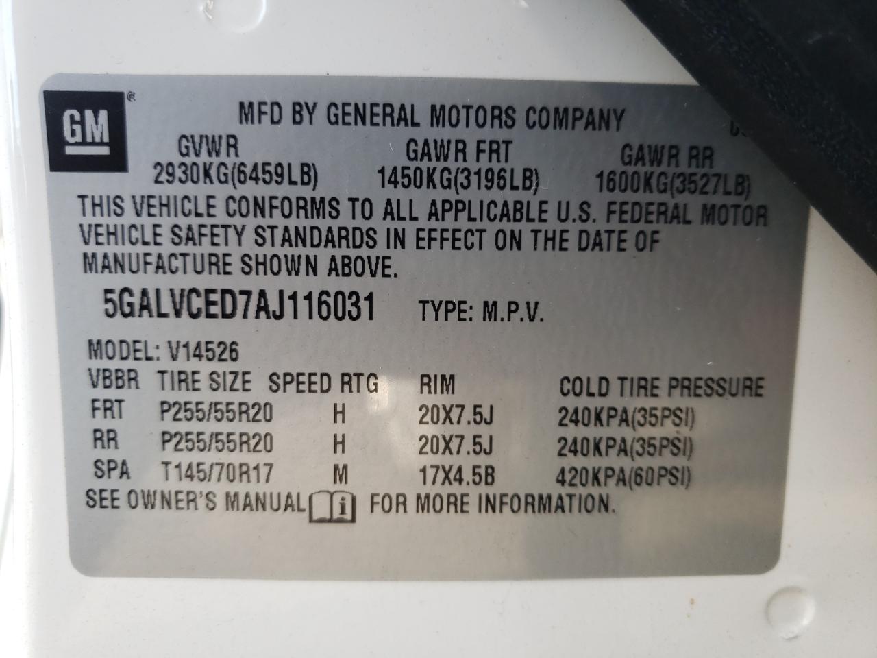 Photo 10 from auction – 2010 BUICK ENCLAVE CX with VIN 5GALVCED7AJ116031