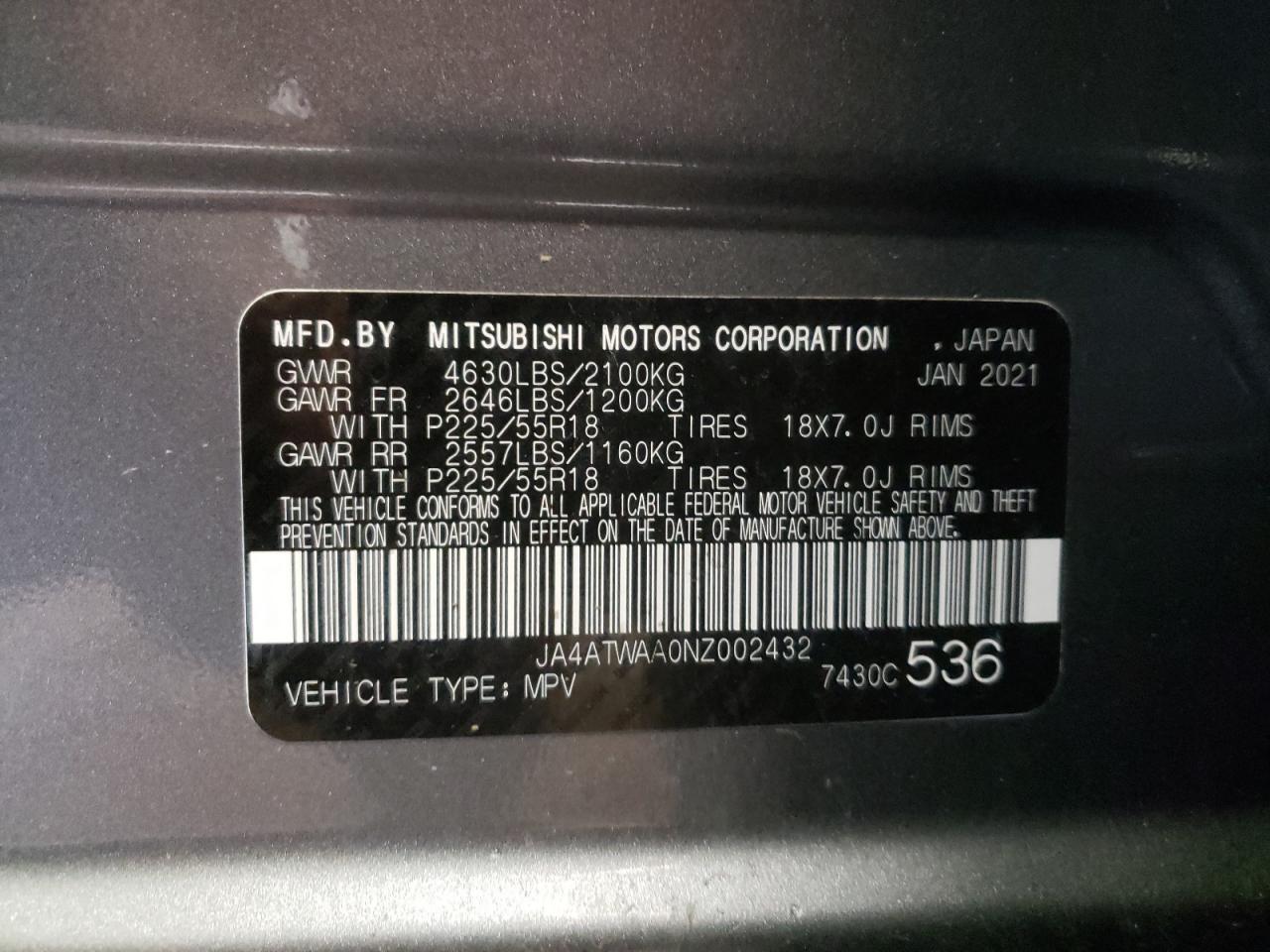 Photo 10 from auction – 2022 MITSUBISHI ECLIPSE CR with VIN JA4ATWAA0NZ002432