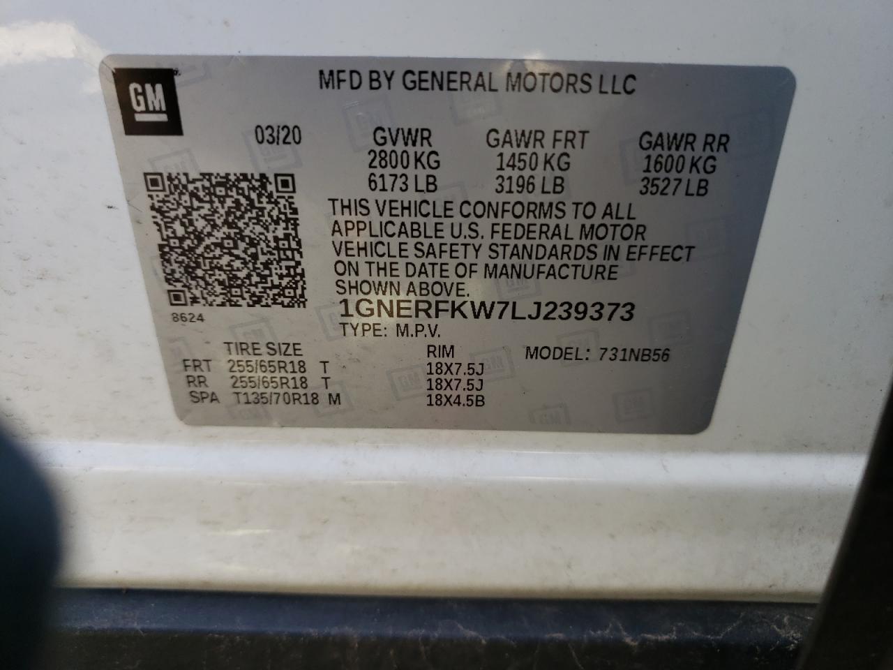 Photo 10 from auction – 2020 CHEVROLET TRAVERSE L with VIN 1GNERFKW7LJ239373