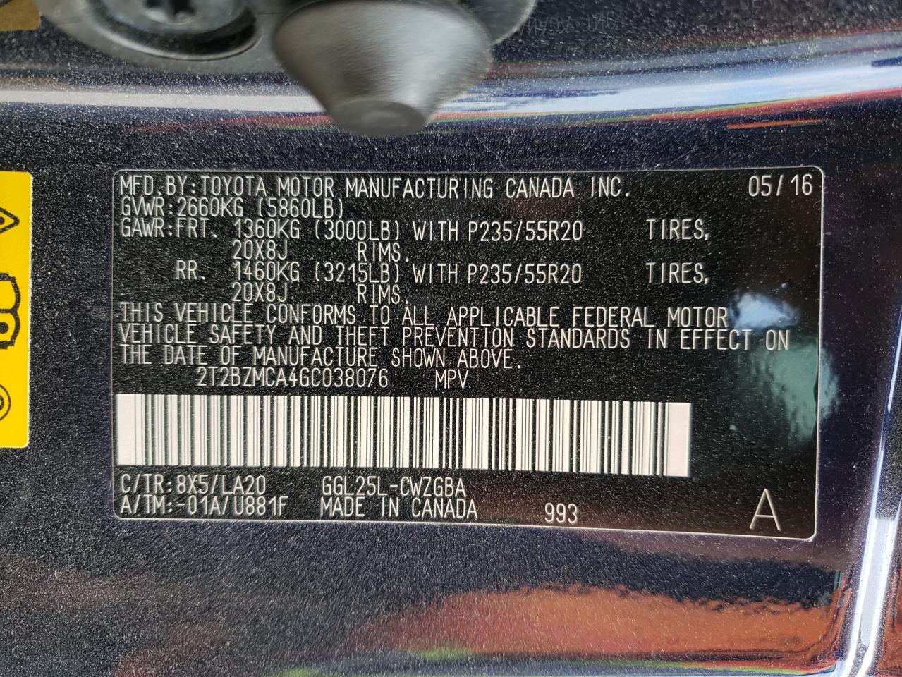 Photo 10 from auction – 2016 LEXUS RX 350 BAS with VIN 2T2BZMCA4GC038076