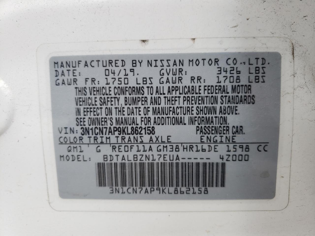 Photo 10 from auction – 2019 NISSAN VERSA S with VIN 3N1CN7AP9KL862158