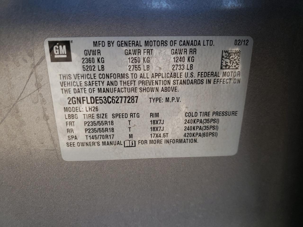 Photo 10 from auction – 2012 CHEVROLET EQUINOX LT with VIN 2GNFLDE53C6277287