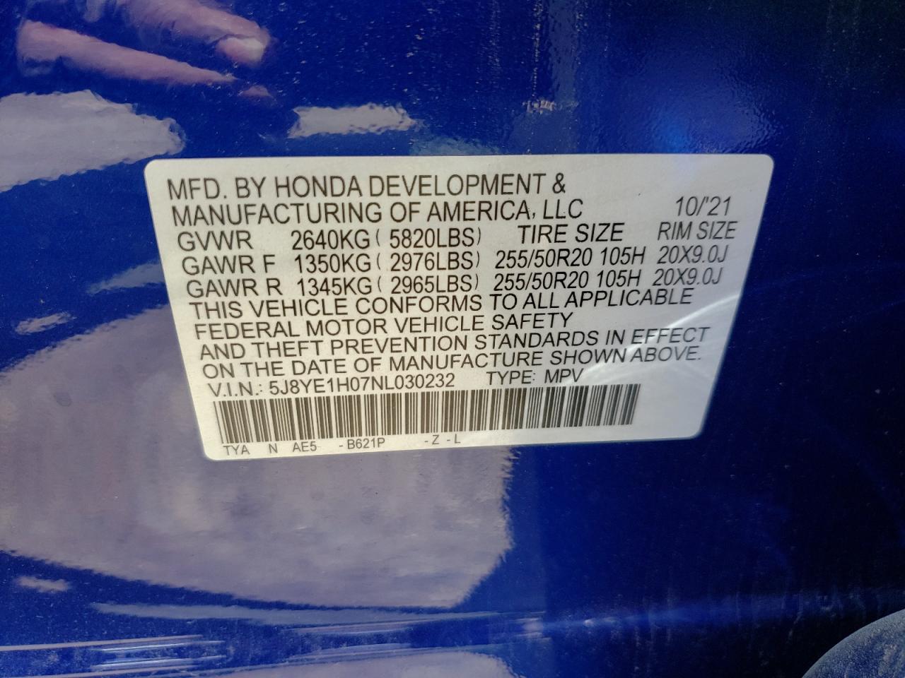 Photo 10 from auction – 2022 ACURA MDX A-SPEC with VIN 5J8YE1H07NL030232