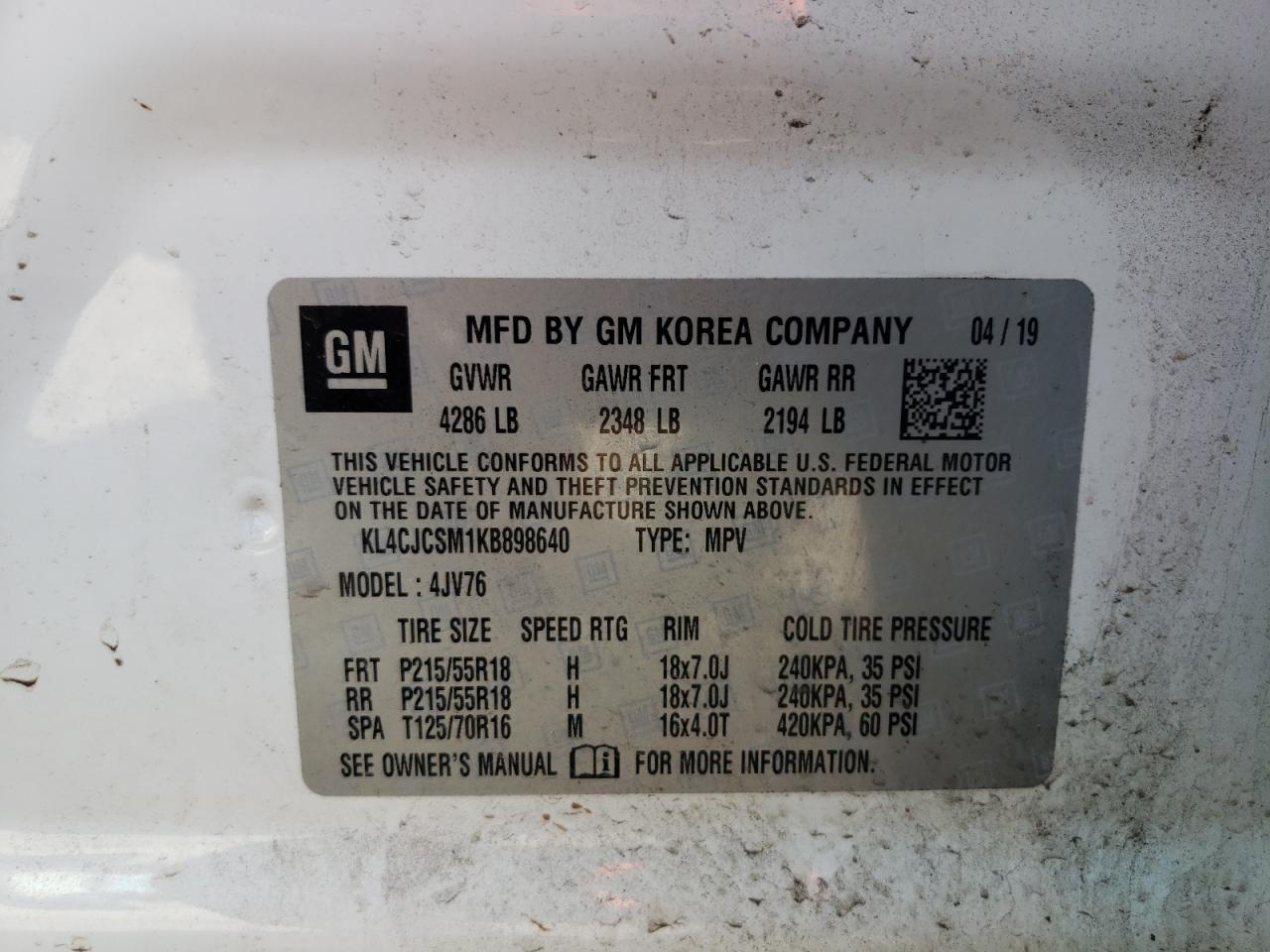 Photo 10 from auction – 2019 BUICK ENCORE ESS with VIN KL4CJCSM1KB898640