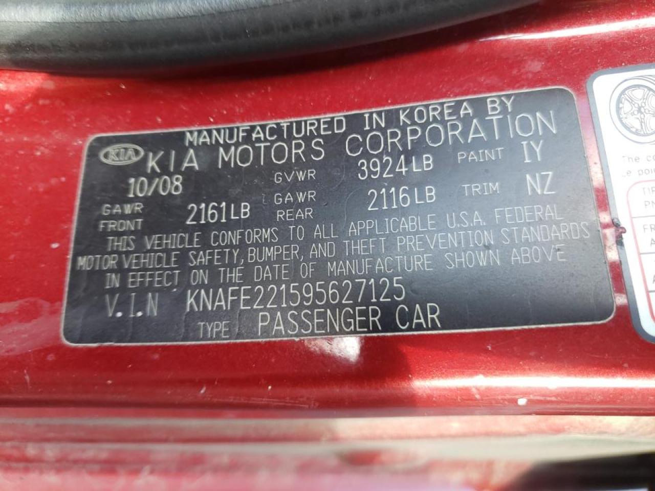Photo 10 from auction – 2009 KIA SPECTRA with VIN KNAFE221595627125