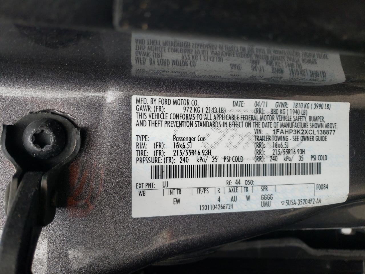 Photo 10 from auction – 2012 FORD FOCUS SE with VIN 1FAHP3K2XCL138877