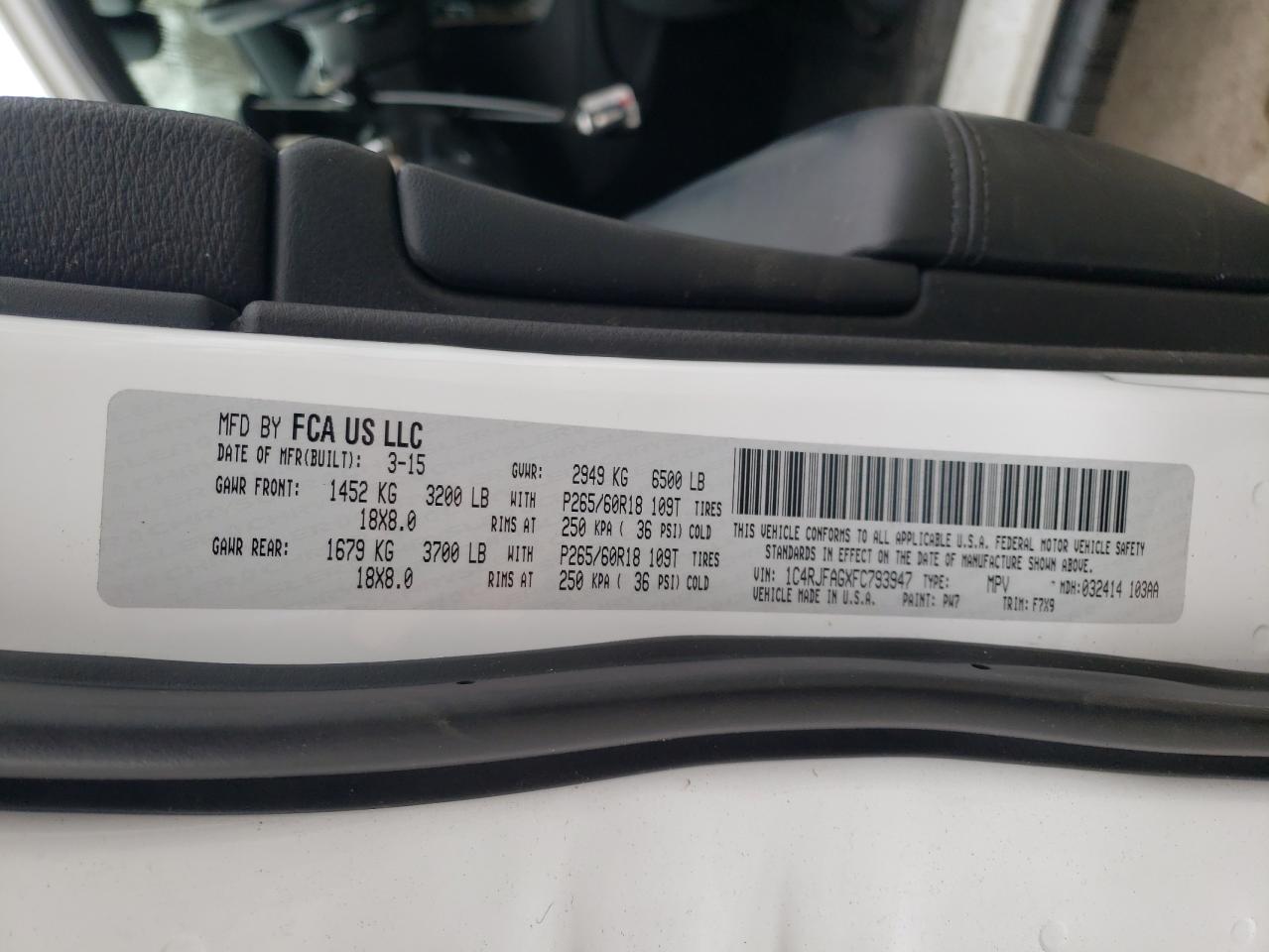 Photo 10 from auction – 2015 JEEP GRAND CHER with VIN 1C4RJFAGXFC793947