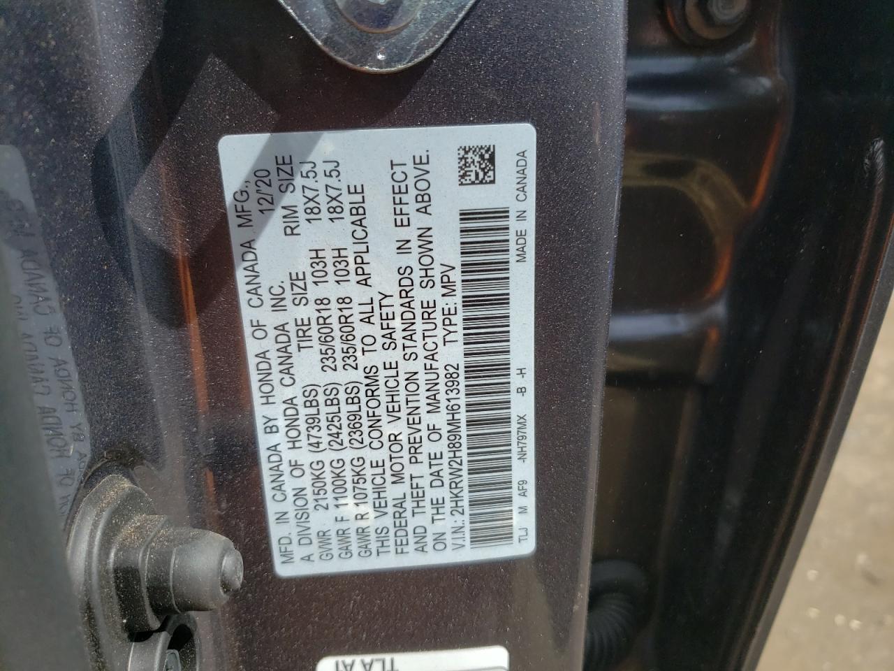 Photo 10 from auction – 2021 HONDA CR-V EXL with VIN 2HKRW2H89MH613982