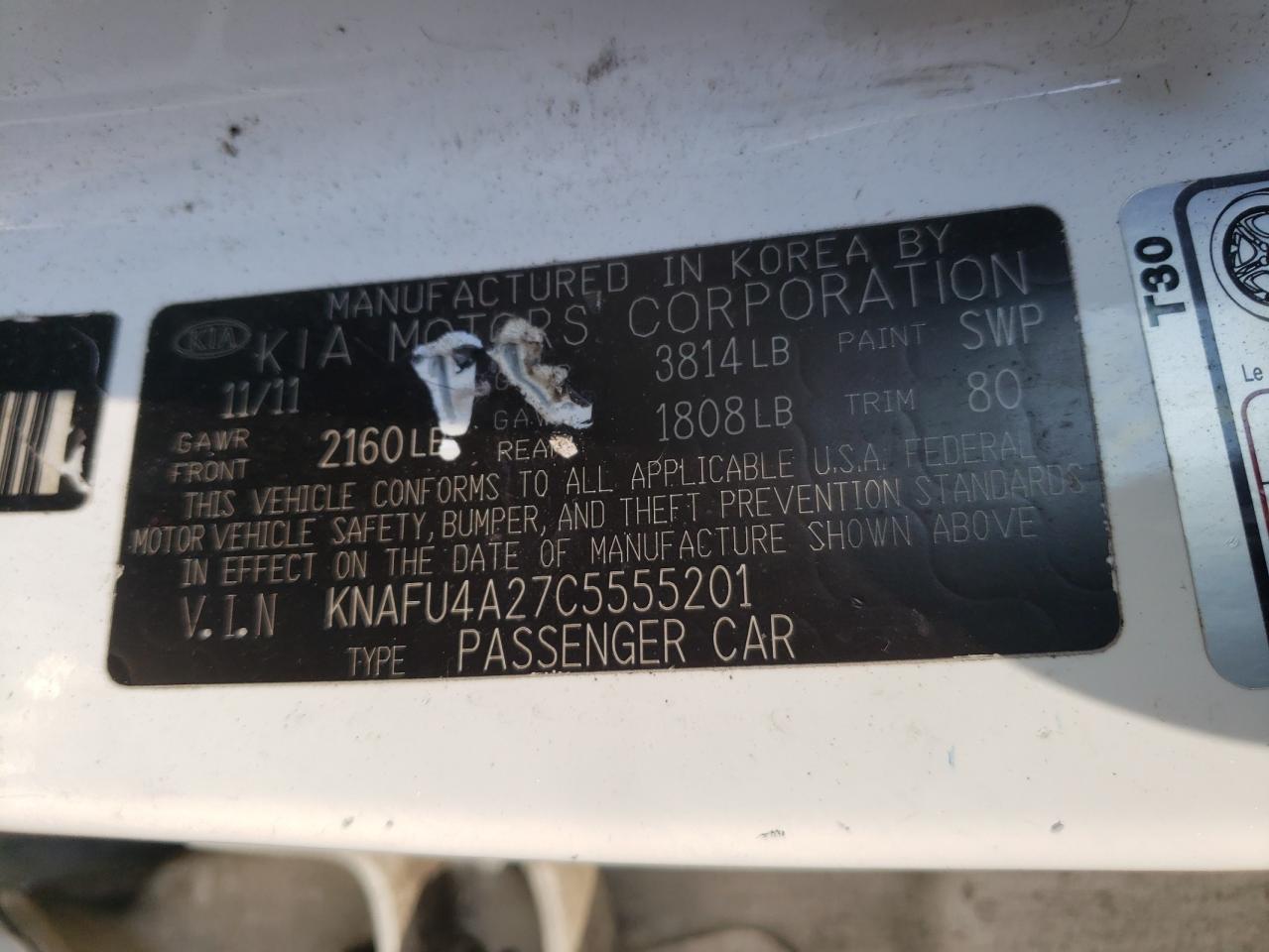 Photo 10 from auction – 2012 KIA FORTE EX with VIN KNAFU4A27C5555201