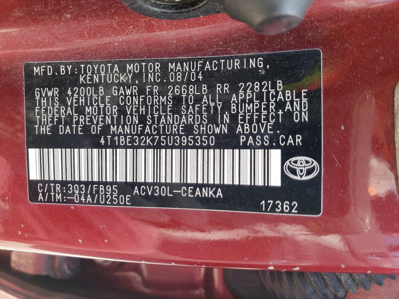 Photo 10 from auction – 2005 TOYOTA CAMRY LE with VIN 4T1BE32K75U395350