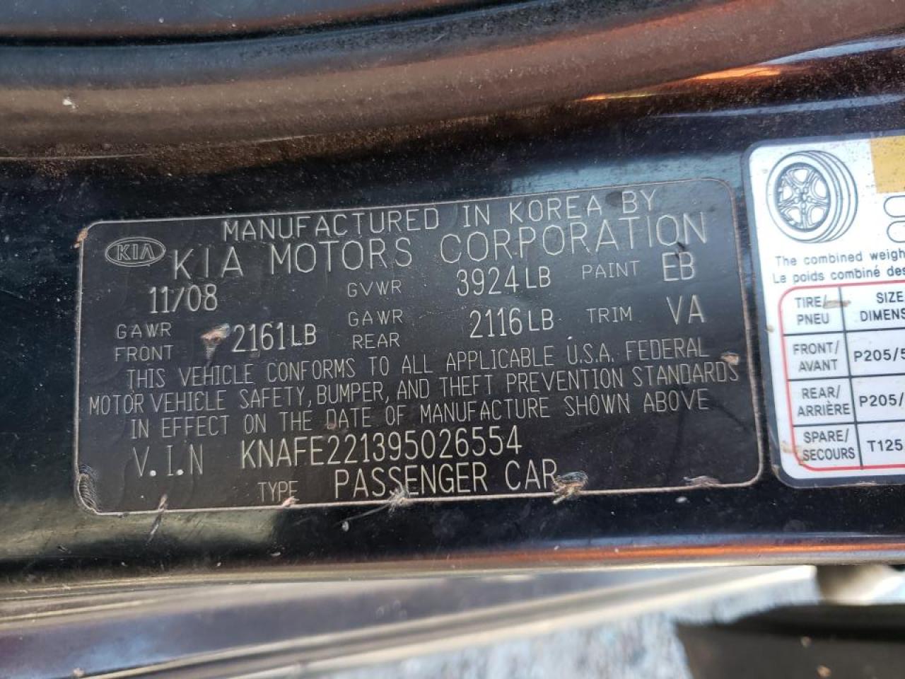 Photo 10 from auction – 2009 KIA SPECTRA EX with VIN KNAFE221395026554