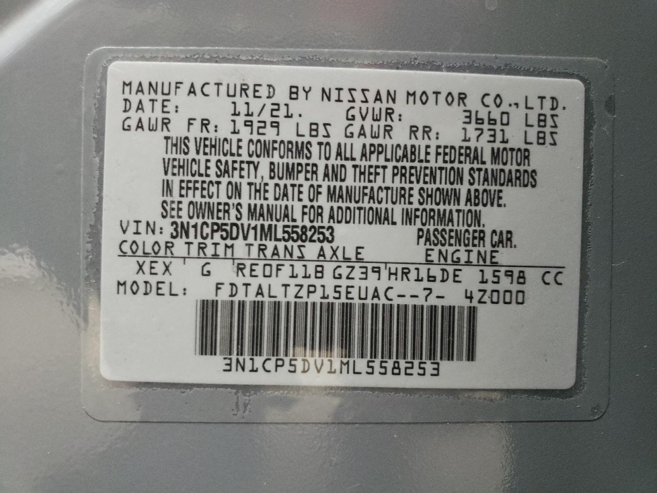 Photo 10 from auction – 2021 NISSAN KICKS SR with VIN 3N1CP5DV1ML558253