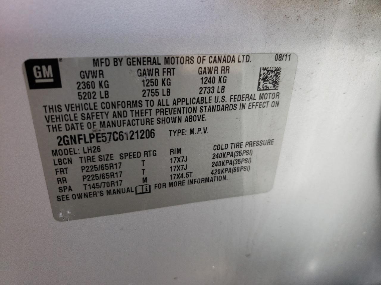 Photo 10 from auction – 2012 CHEVROLET EQUINOX LT with VIN 2GNFLPE57C6121206