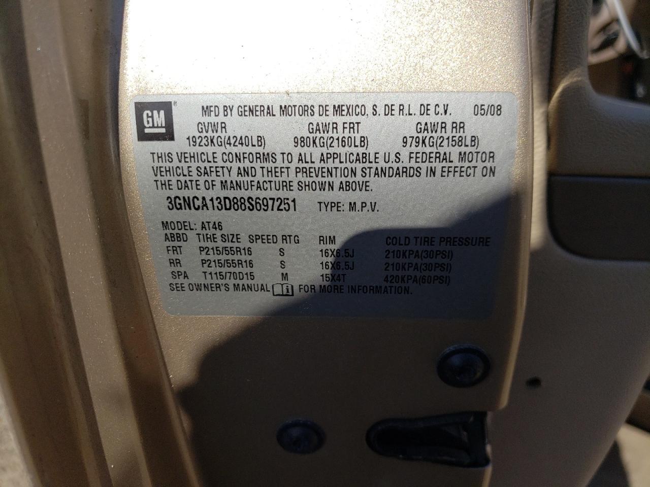 Photo 10 from auction – 2008 CHEVROLET HHR LS with VIN 3GNCA13D88S697251