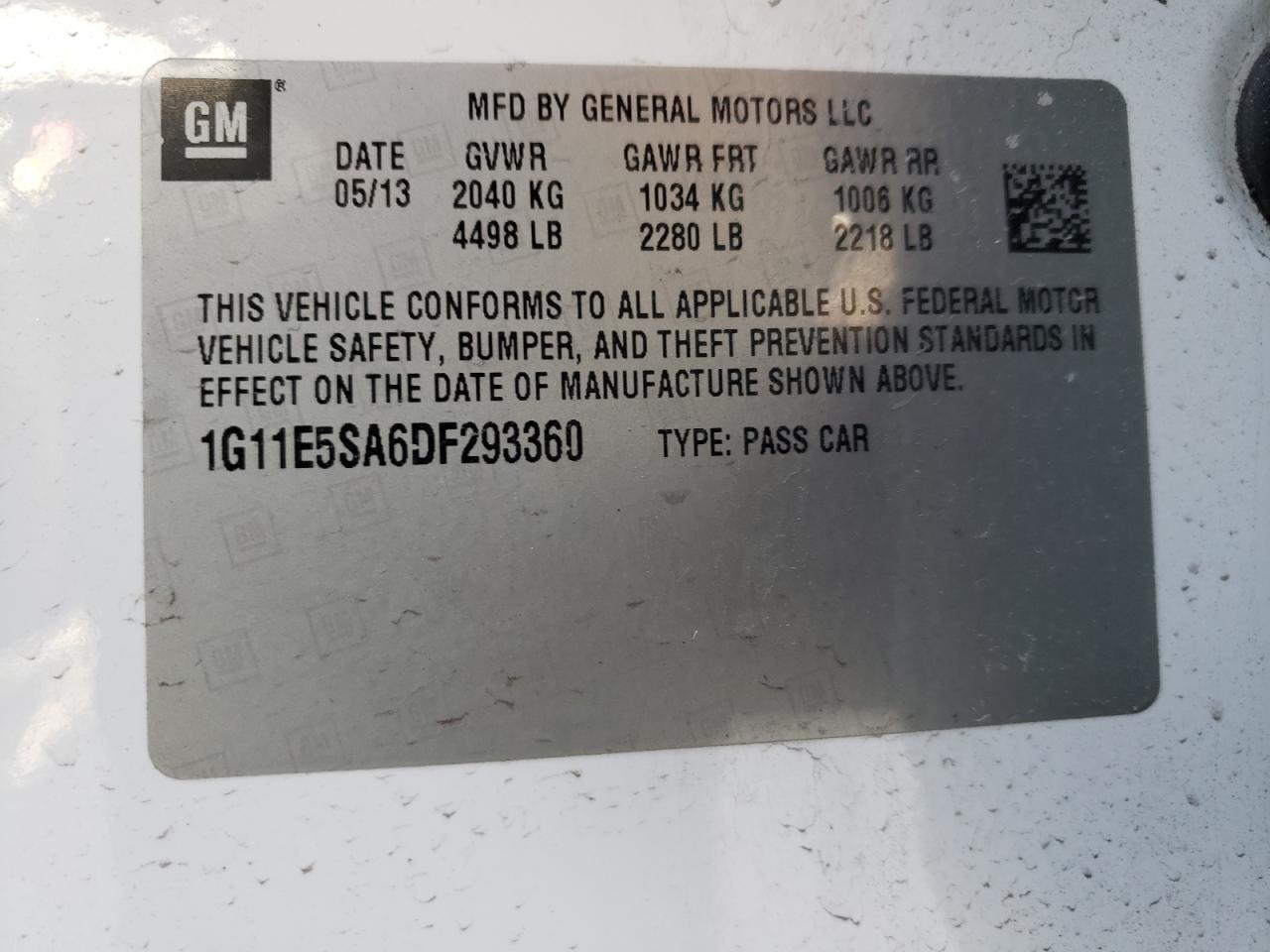 Photo 10 from auction – 2013 CHEVROLET MALIBU 2LT with VIN 1G11E5SA6DF293360