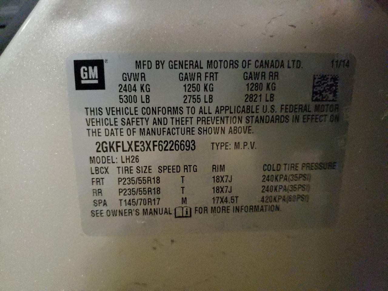 Photo 10 from auction – 2015 GMC TERRAIN SL with VIN 2GKFLXE3XF6226693