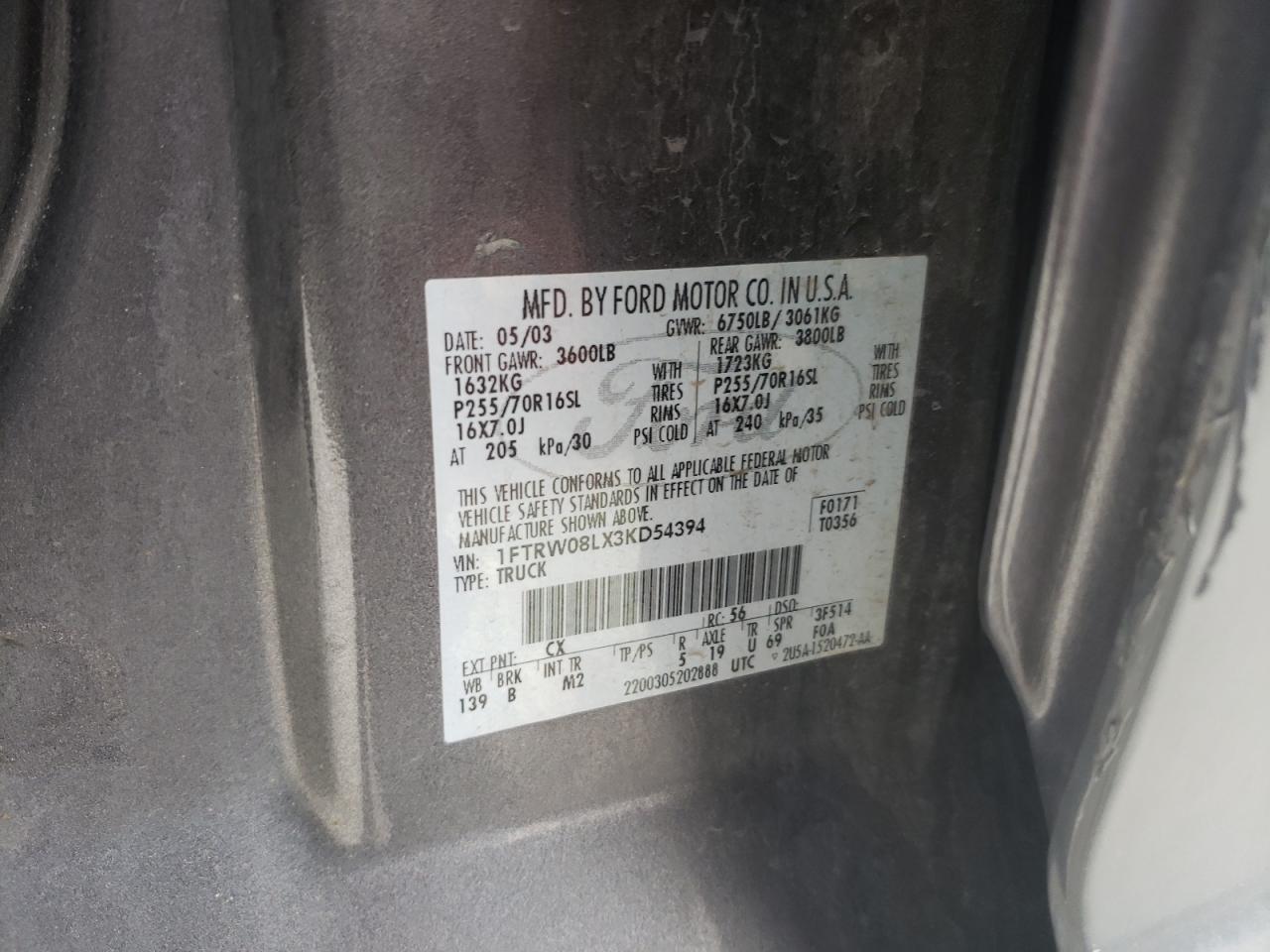 Photo 10 from auction – 2003 FORD F150 SUPER with VIN 1FTRW08LX3KD54394