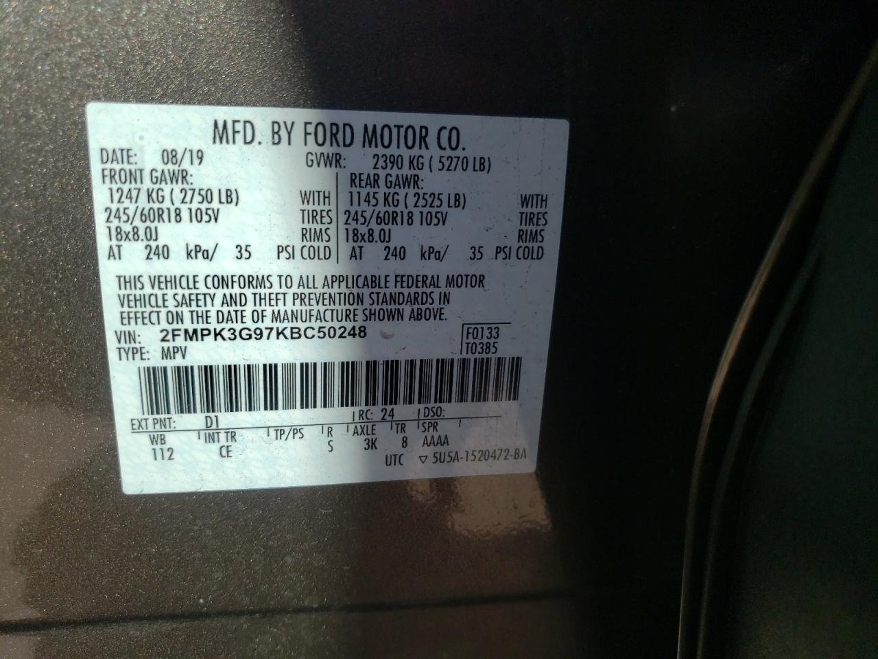 Photo 10 from auction – 2019 FORD EDGE SE with VIN 2FMPK3G97KBC50248