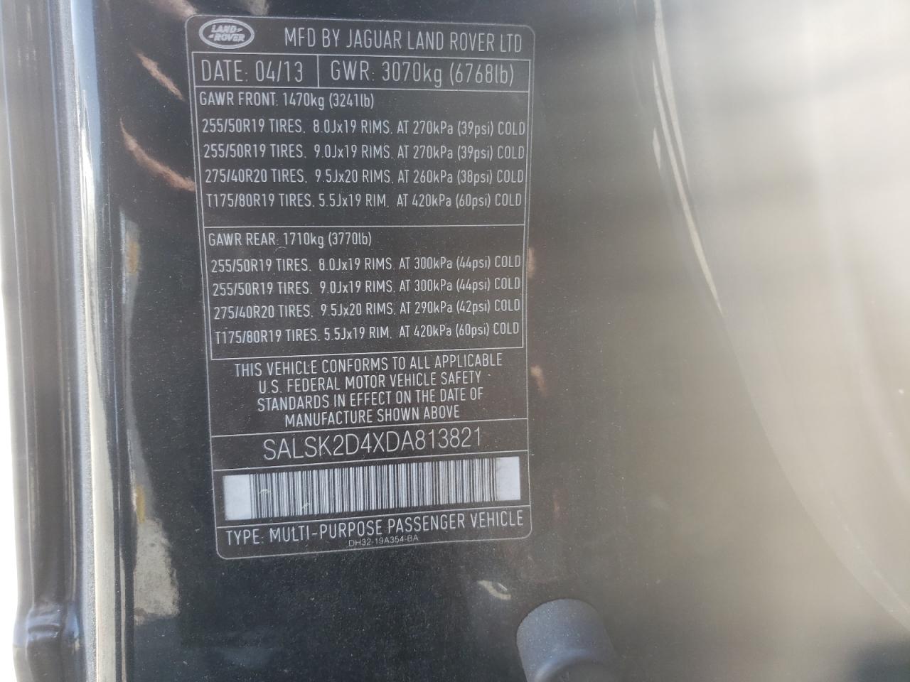 Photo 10 from auction – 2013 LAND ROVER RANGE ROVE with VIN SALSK2D4XDA813821