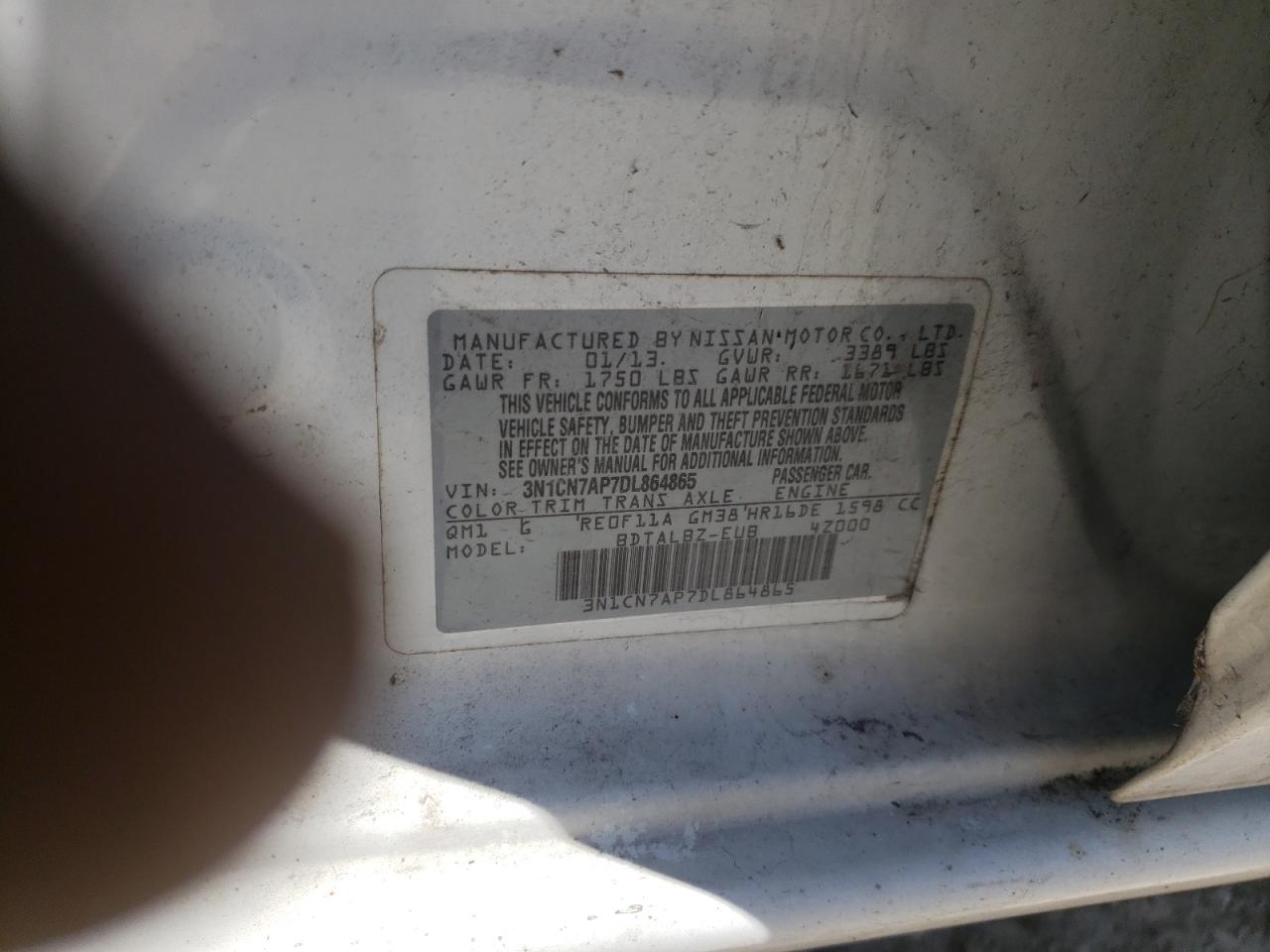 Photo 10 from auction – 2013 NISSAN VERSA S with VIN 3N1CN7AP7DL864865