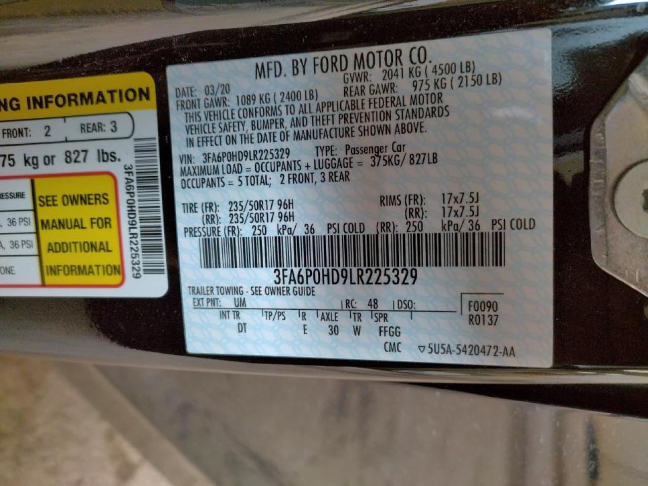 Photo 10 from auction – 2020 FORD FUSION SE with VIN 3FA6P0HD9LR225329