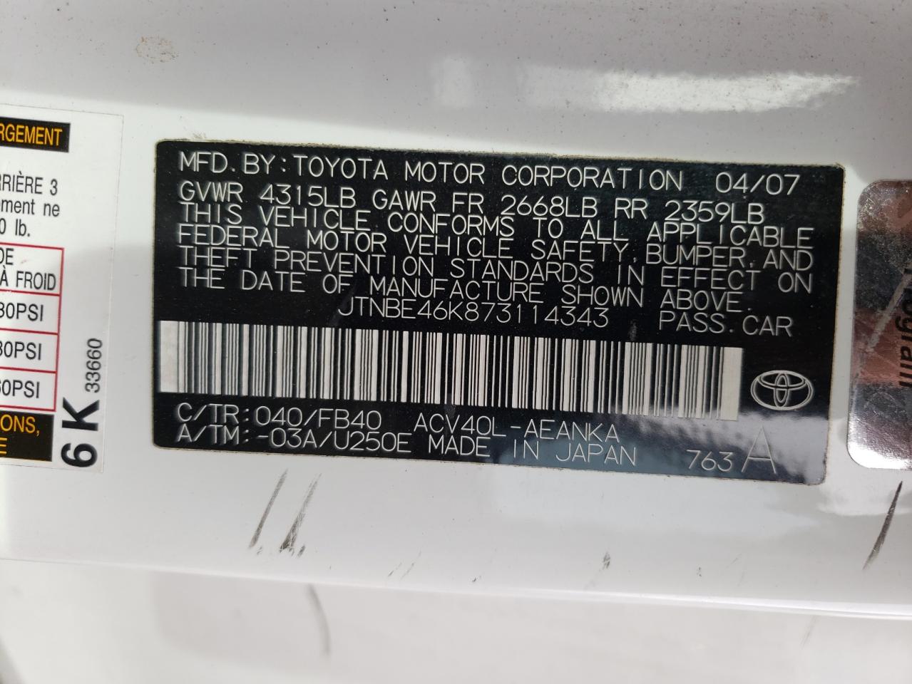 Photo 10 from auction – 2007 TOYOTA CAMRY CE with VIN JTNBE46K873114343