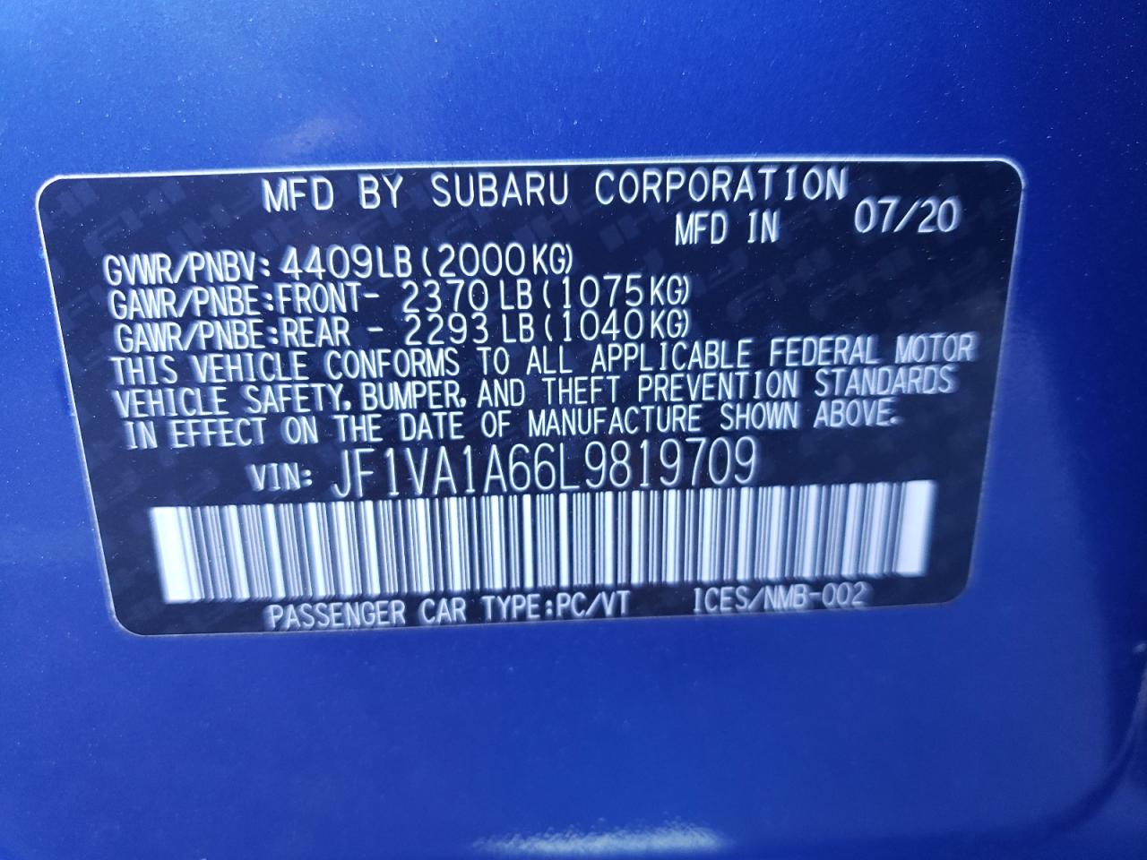 Photo 10 from auction – 2020 SUBARU WRX with VIN JF1VA1A66L9819709