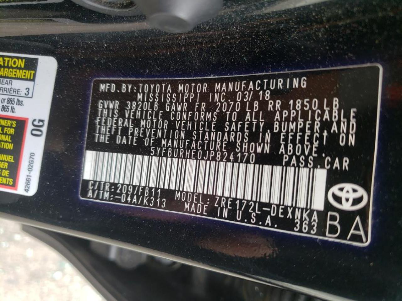 Photo 10 from auction – 2018 TOYOTA COROLLA L with VIN 5YFBURHE0JP824170