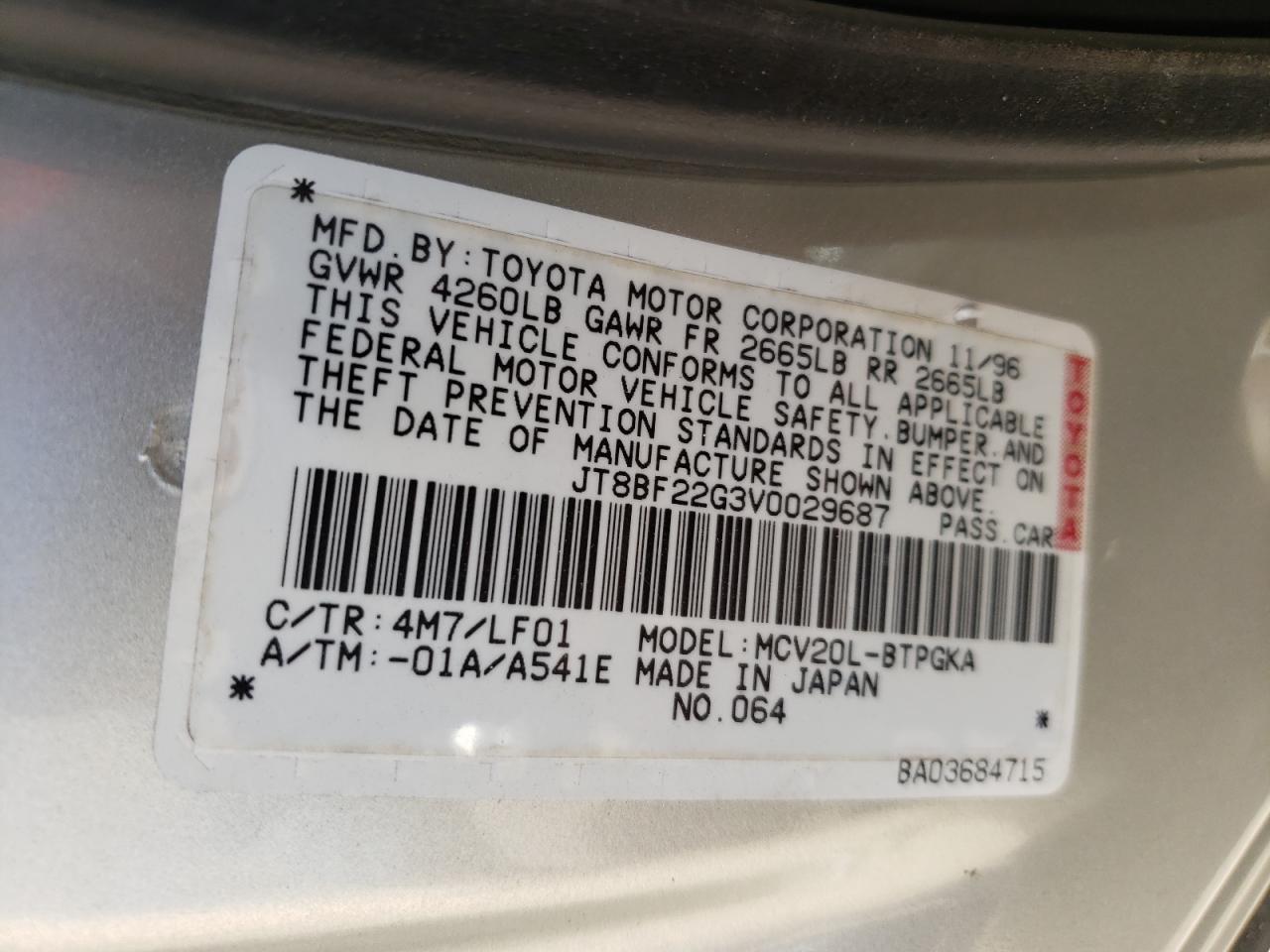Photo 10 from auction – 1997 LEXUS ES 300 with VIN JT8BF22G3V0029687