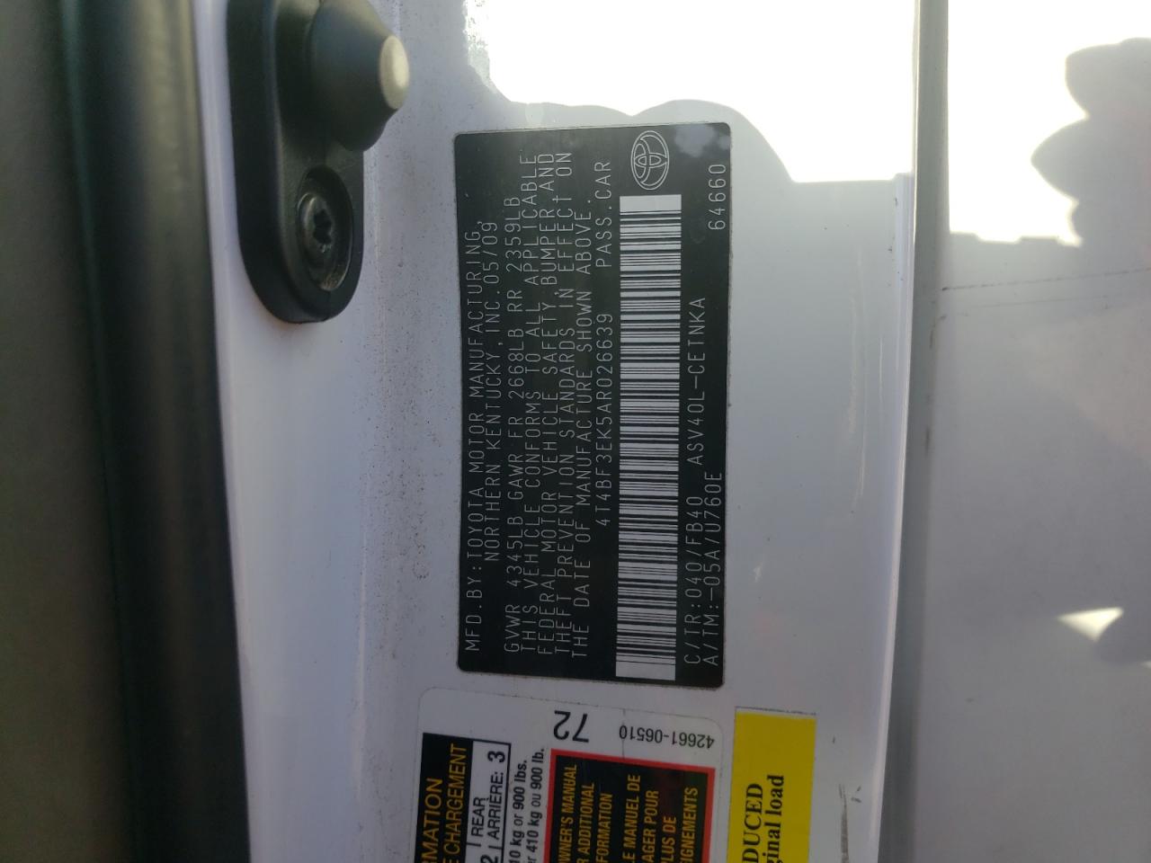 Photo 10 from auction – 2010 TOYOTA CAMRY BASE with VIN 4T4BF3EK5AR026639