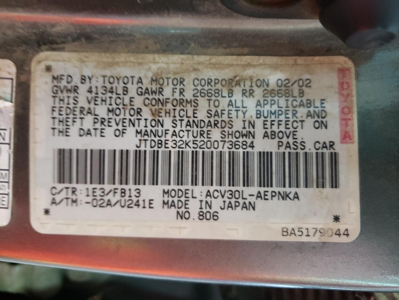 Photo 10 from auction – 2002 TOYOTA CAMRY LE with VIN JTDBE32K520073684