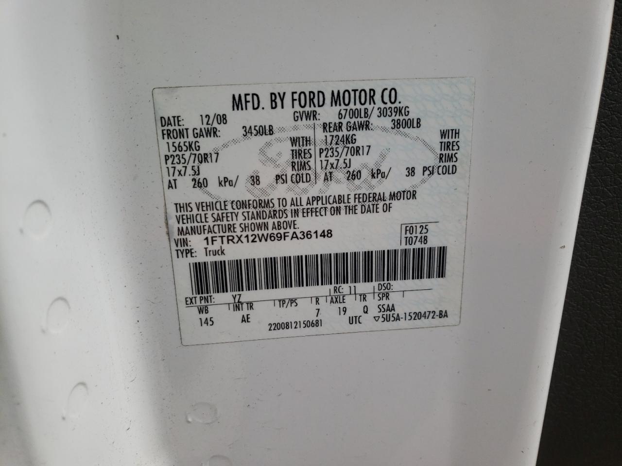 Photo 10 from auction – 2009 FORD F150 SUPER with VIN 1FTRX12W69FA36148