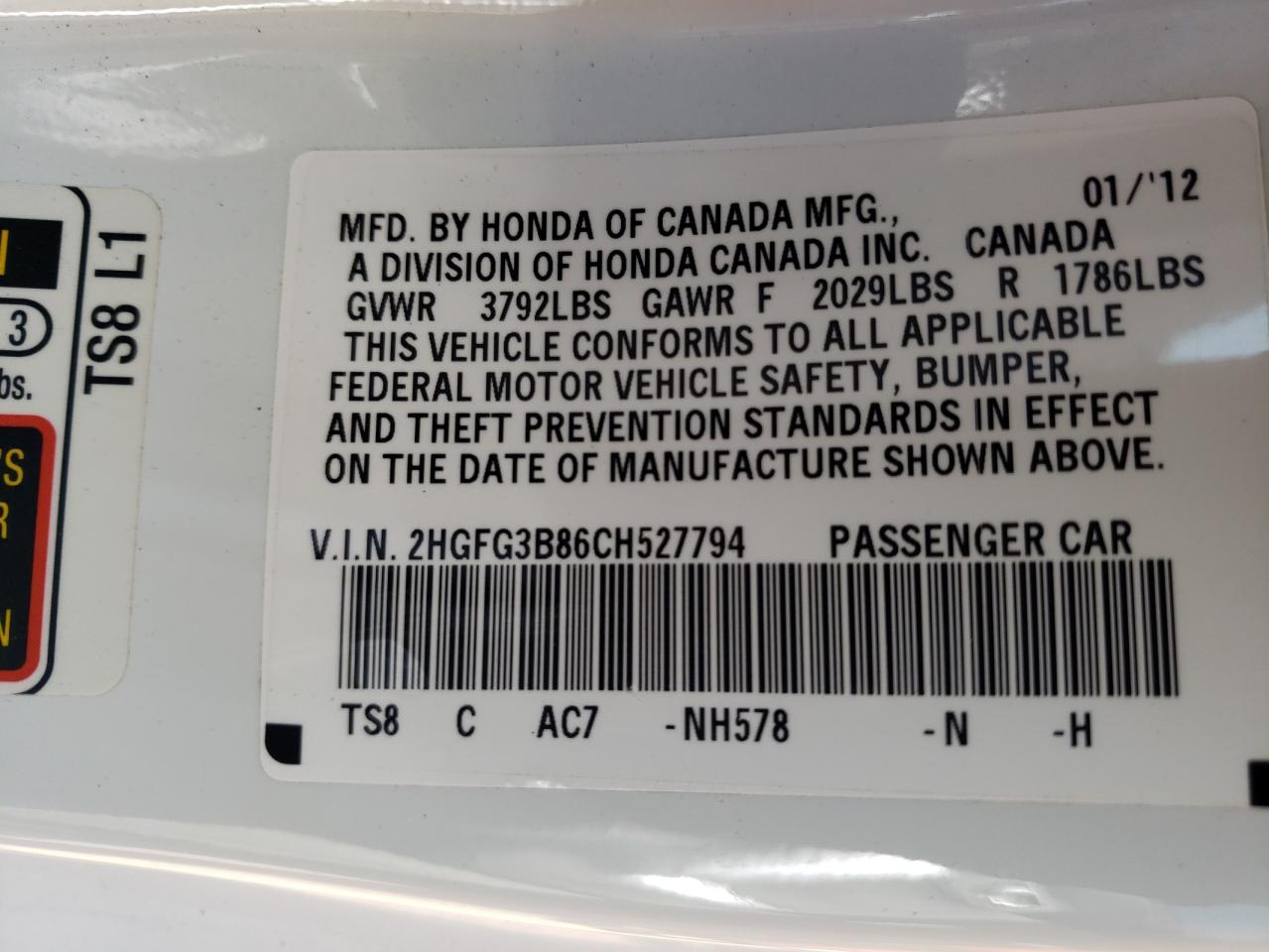 Photo 10 from auction – 2012 HONDA CIVIC EX with VIN 2HGFG3B86CH527794