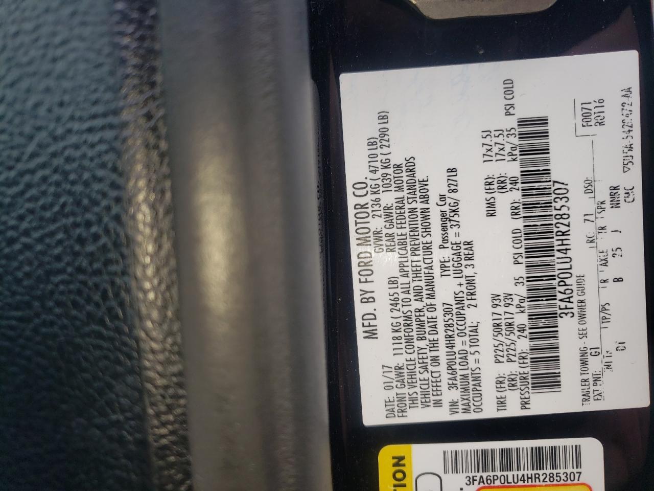 Photo 10 from auction – 2017 FORD FUSION SE with VIN 3FA6P0LU4HR285307