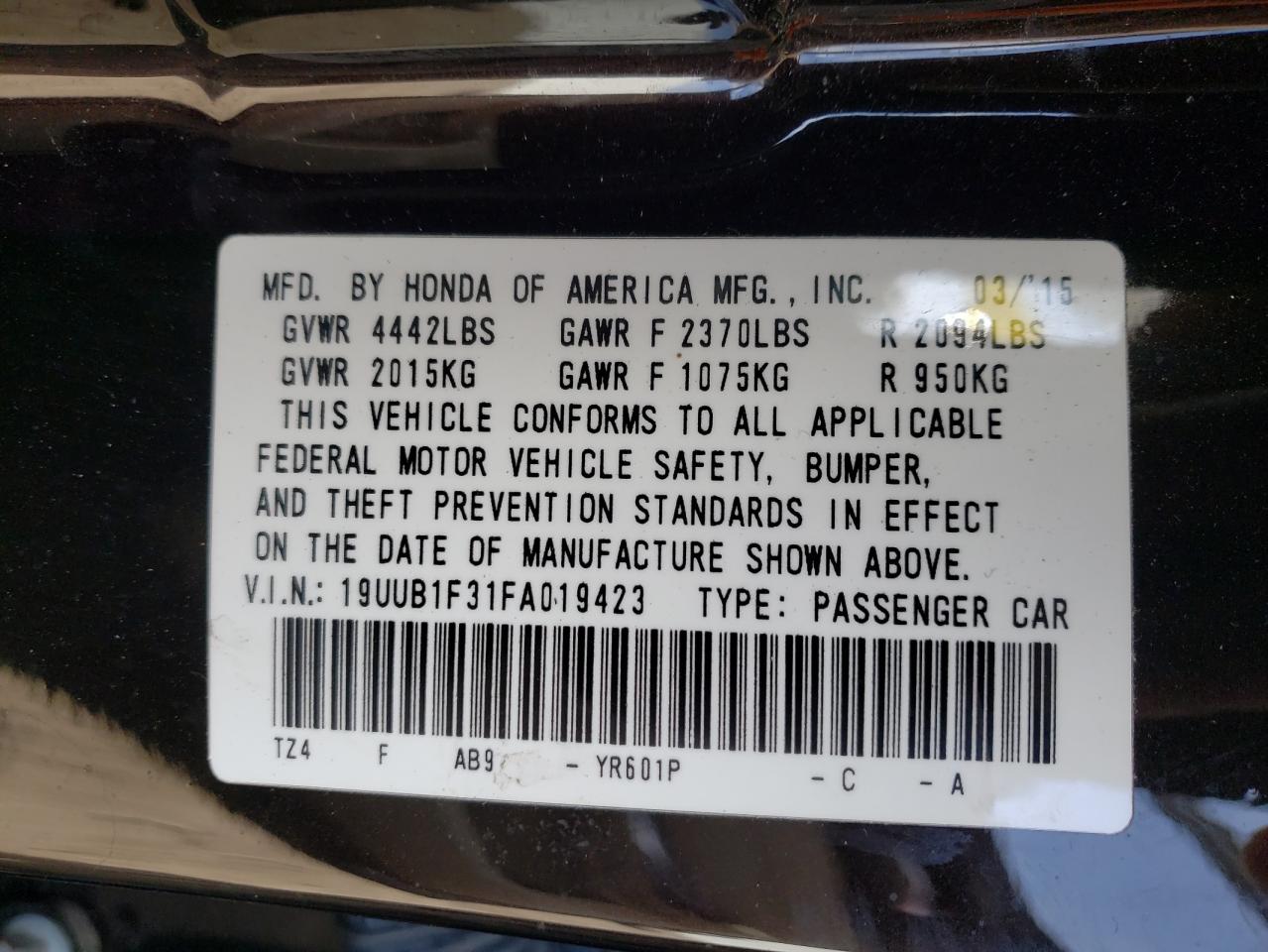 Photo 10 from auction – 2015 ACURA TLX with VIN 19UUB1F31FA019423
