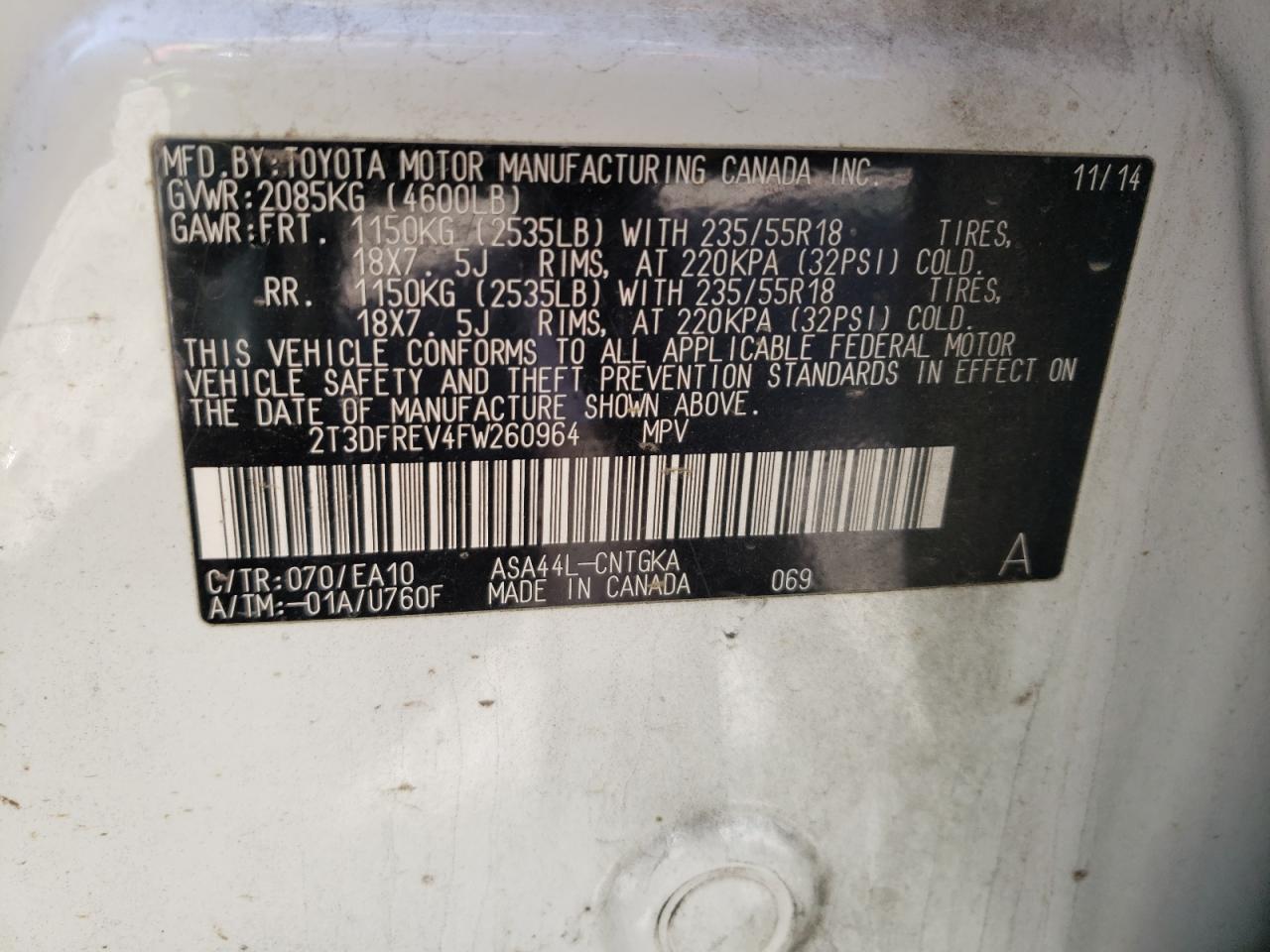 Photo 10 from auction – 2015 TOYOTA RAV4 LIMIT with VIN 2T3DFREV4FW260964
