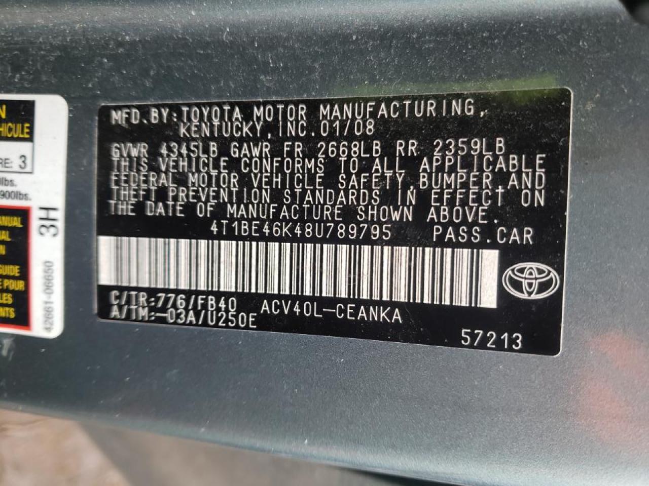 Photo 10 from auction – 2008 TOYOTA CAMRY CE with VIN 4T1BE46K48U789795